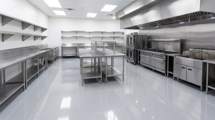 Illustration of a clean commercial kitchen with an epoxy floor
