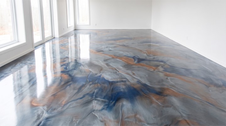 Illustration of a glossy metallic epoxy floor in swirling blue and copper tones